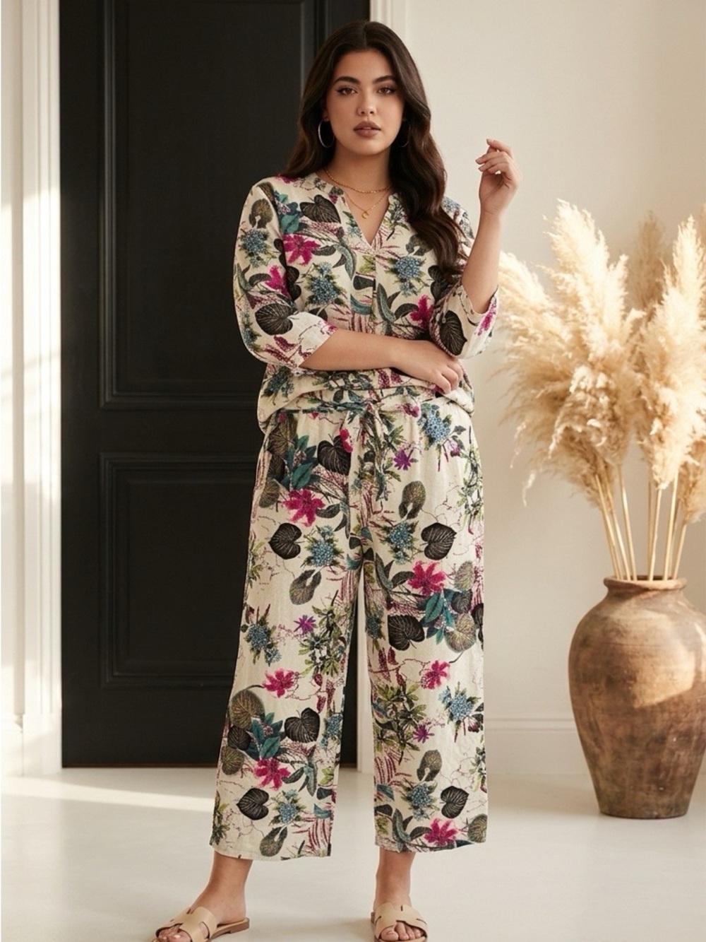 Wide Leg Floral Drawstring Pants in Cream